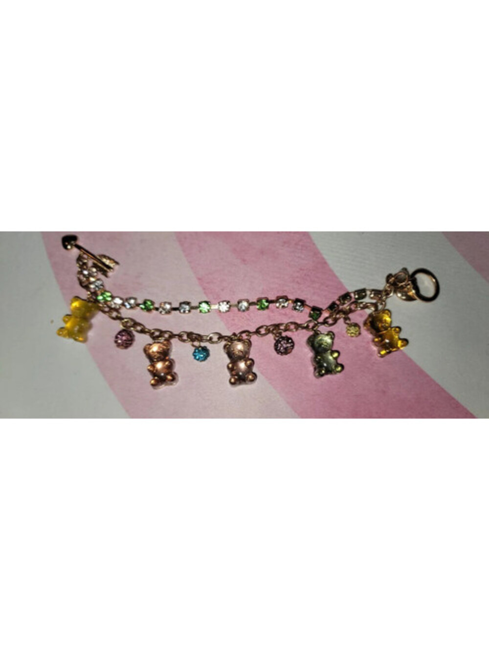 BETSEY JOHNSON GOLD PLATED MULTI COLORED GUMMY BEAR CHARM BRACELET RHINESTONES